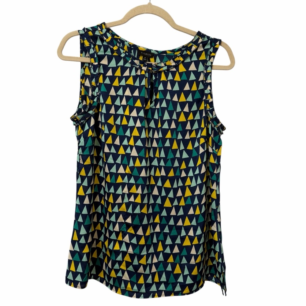 Talbots Blouse Womens Medium Multicolor Geometric Sleeveless Ruffle Neck Top